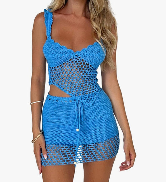 new in co-ord coord co ord blue lemon bodycon skims mars the label PLT pretty little thing crochet crop top skirt ibiza fits 
