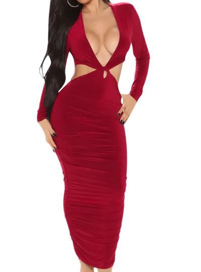 valentines day galentines cut out midi bodycon dress in wine red with low cut and long sleeves red pink and neutral colours