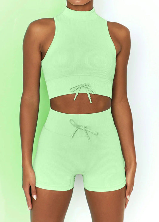 Essentials Ribbed Turtle Neck Crop and Shorts Set in Lime Green