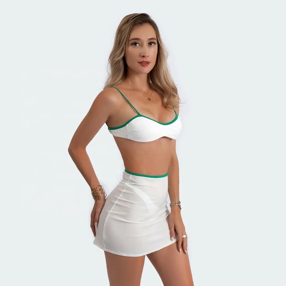 Ibiza Babe 3 Piece Bikini Set in White and Green