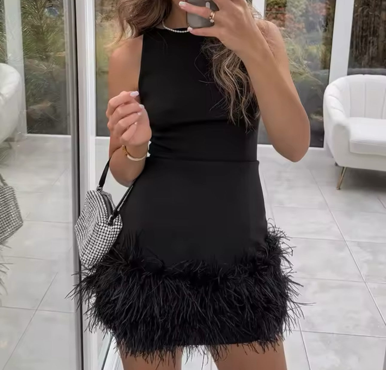 Feather Trim Dress in Black