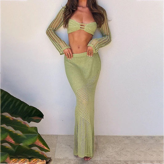 Crochet Crop Top and Maxi Skirt in Green or Black