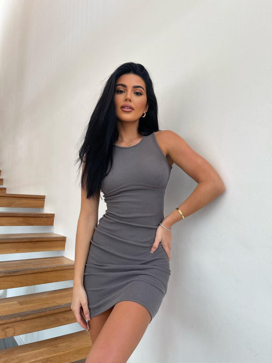 Premium Ribbed Dress in Grey, Black & Beige