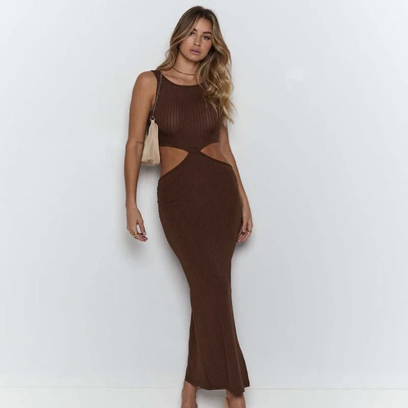 Ribbed Cut Out Dress in Brown