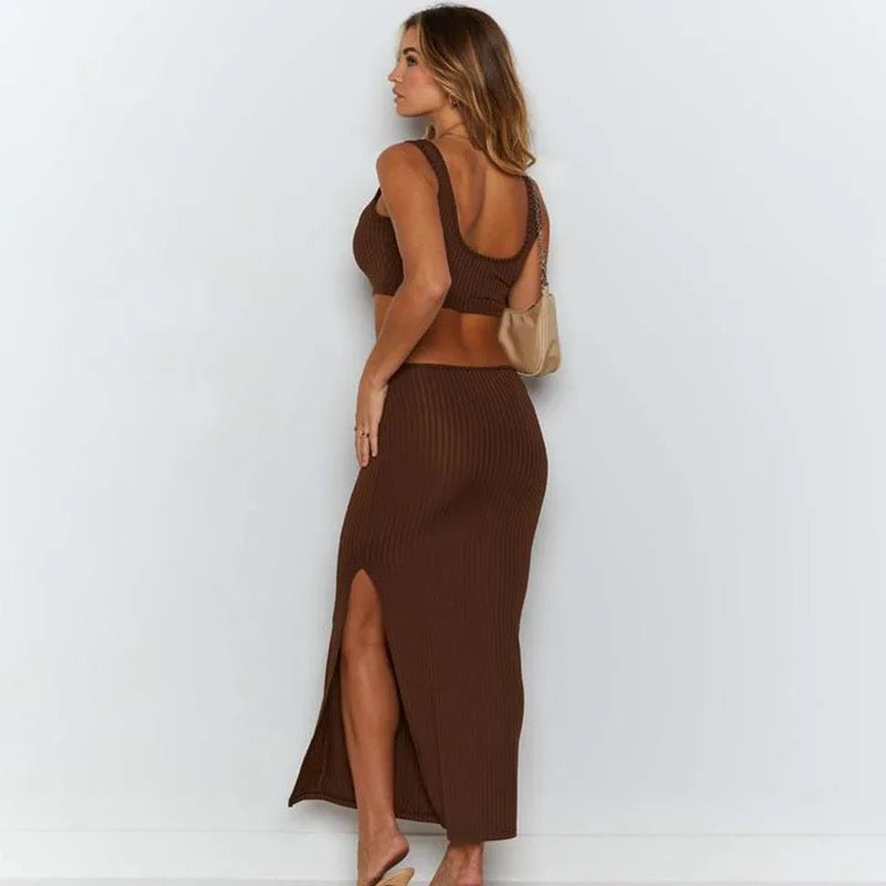 Ribbed Cut Out Dress in Brown