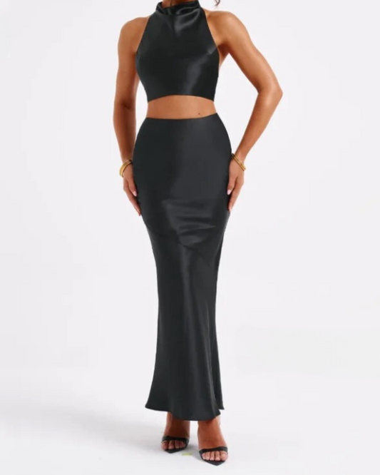 Silky Halter Crop and Skirt Co-Ord in Black