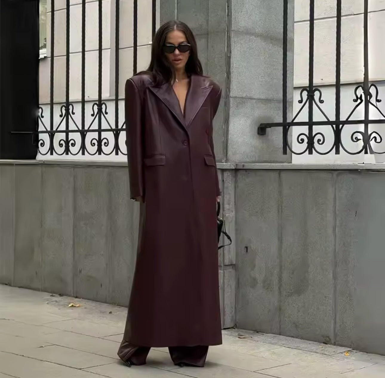 Faux Leather Trench Coat in Burgundy