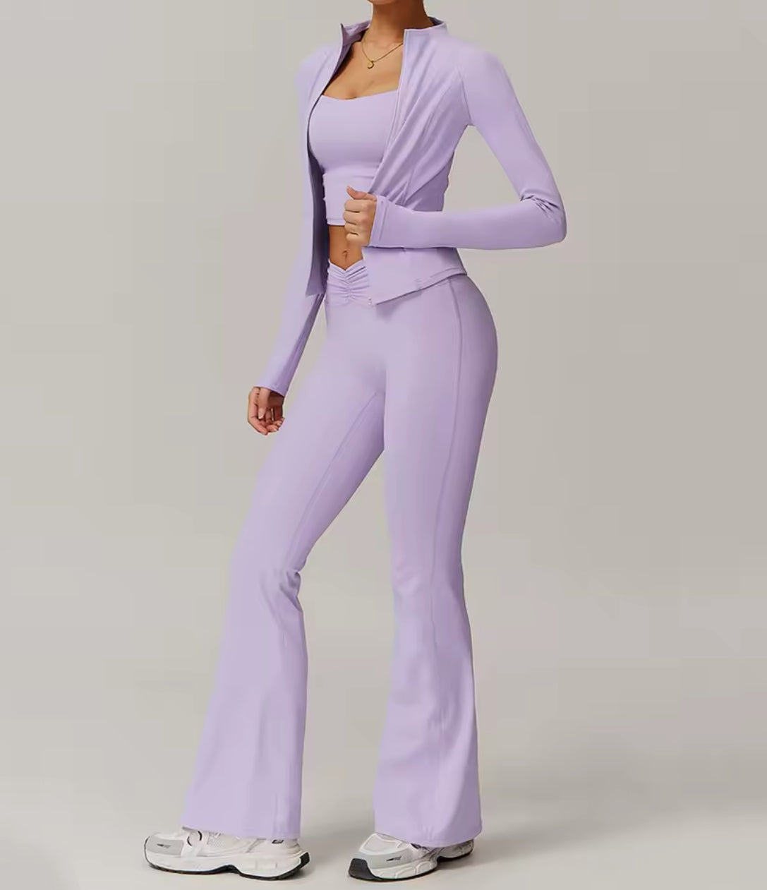 Crop, Leggings, and Jacket Gym Set in Purple