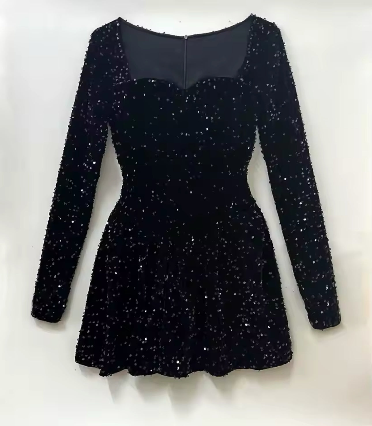 Sequin Long Sleeved A-Line Mini Dress in Black