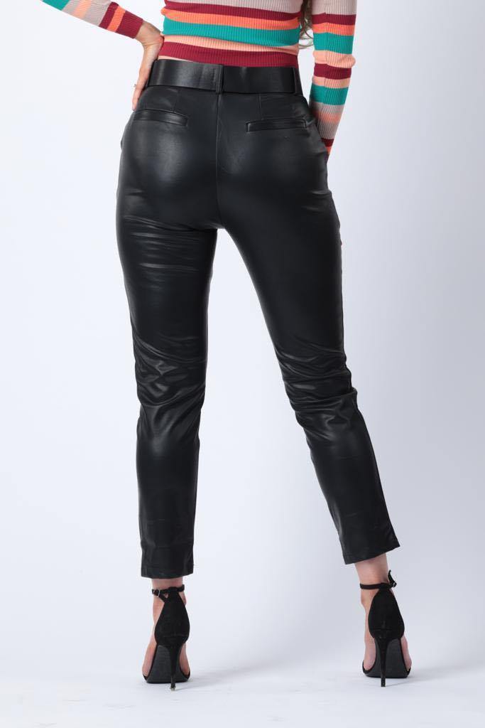 Faux Leather Belted Trousers in Black - watts that trend