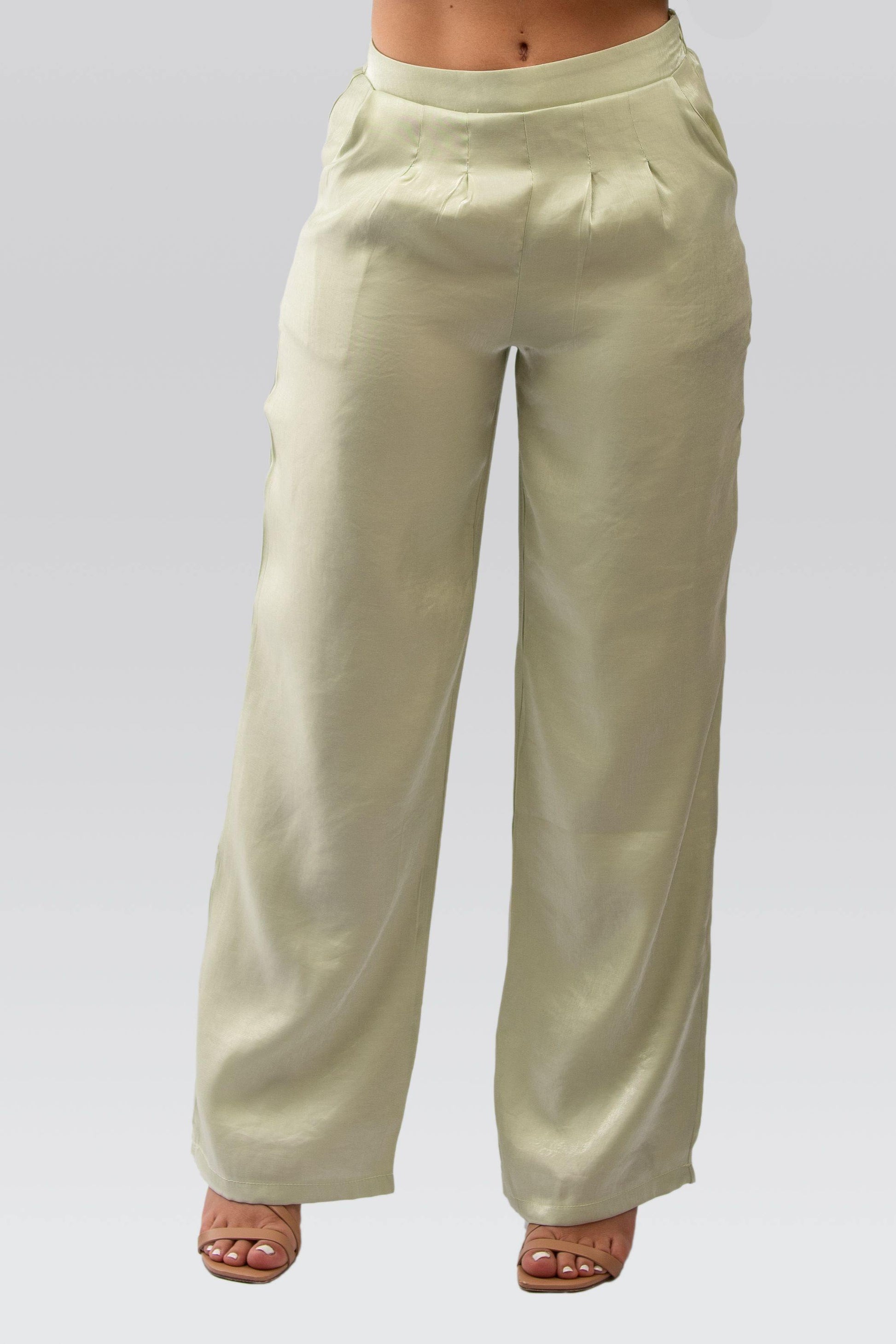 Satin Pleated Waist Trousers in Pale Sage - watts that trend