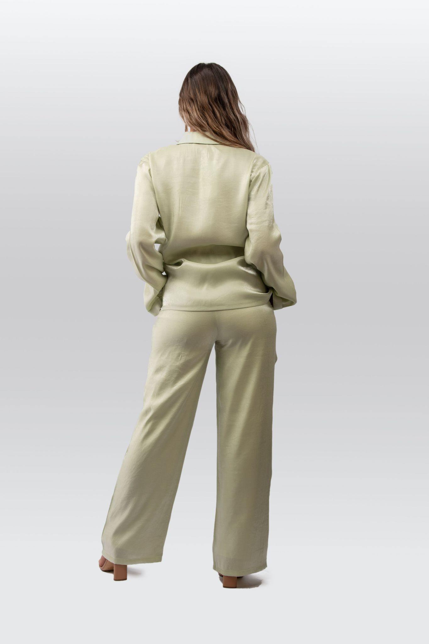 Satin Pleated Waist Trousers in Pale Sage - watts that trend