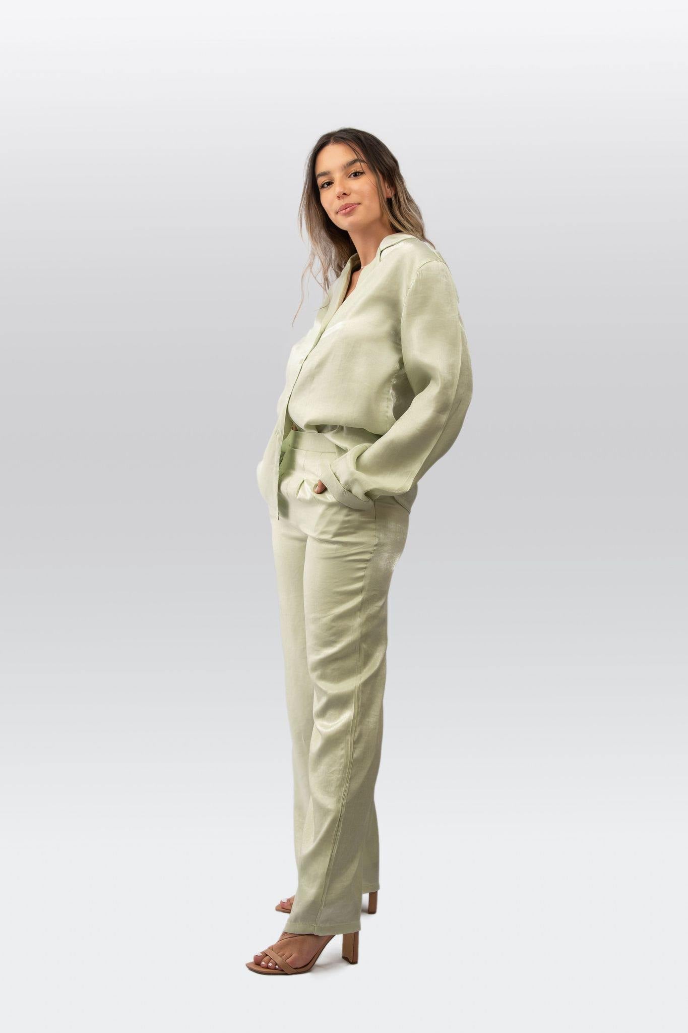 Satin Pleated Waist Trousers in Pale Sage - watts that trend